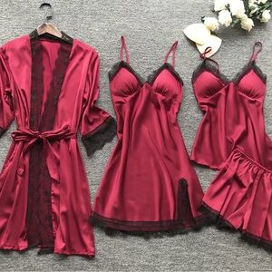 Never worn-Elegant Red Satin Lingerie Set with Black Lace Trim